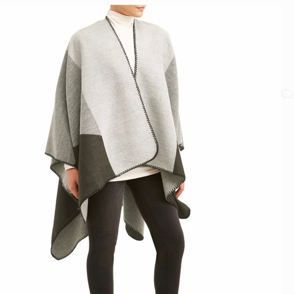 Tignanello Black & Grey Geometric Woven Ruana Cape - Picture 3 of 4